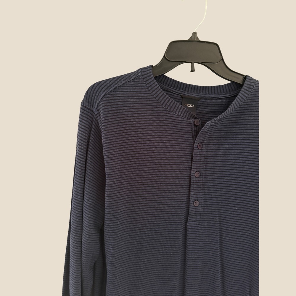Nau Mens‎ Large Blue Striped Hemp Blend Long Sleeve Ribbed Henley Shirt - Picture 4 of 8